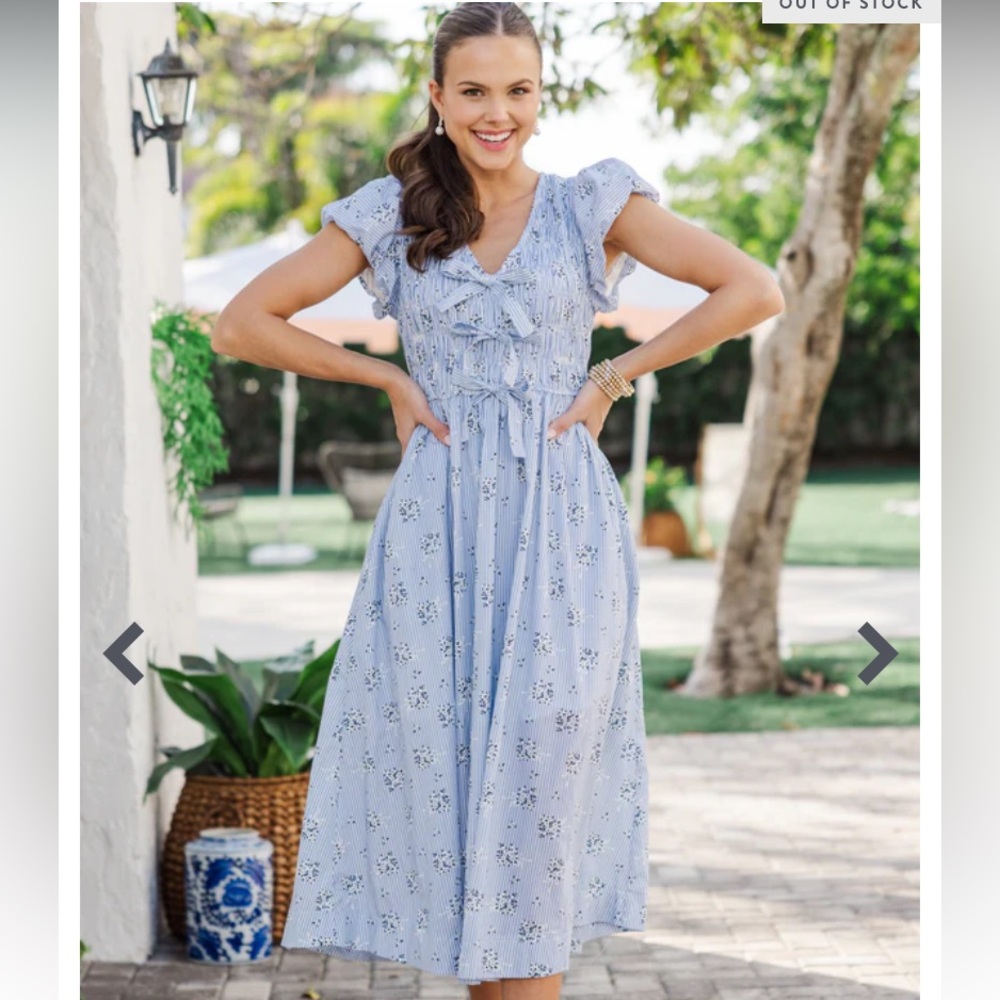 Coastal Blue Dress with Bows —Floral Midi